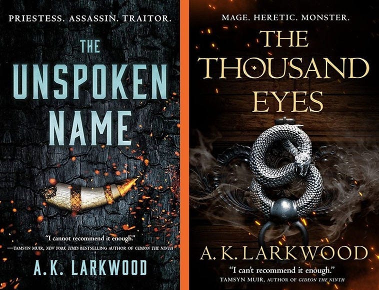 Two fantasy book covers by A.K. Larkwood. “The Unspoken Name” shows a tusk amid embers. “The Thousand Eyes” features a coiled snake. Dark, mystical vibe. Two fantasy book covers by A.K. Larkwood. “The Unspoken Name” shows a tusk amid embers. “The Thousand Eyes” features a coiled snake. Dark, mystical vibe.