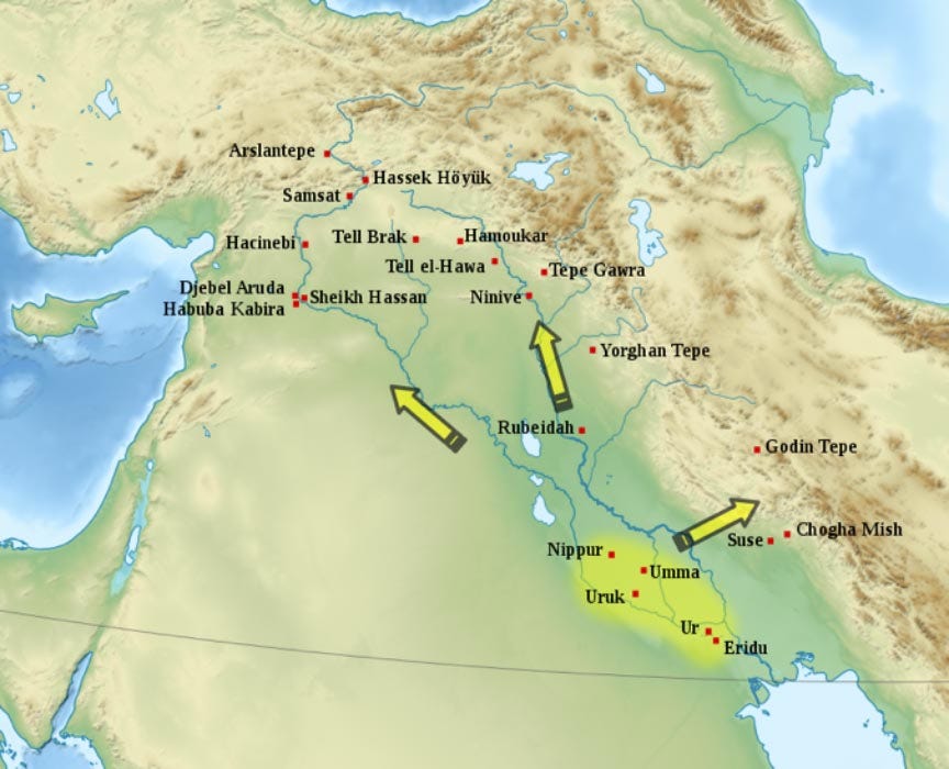 Uruk expansion and colonial outposts. (c. 3600-3200 BC) (CC BY-SA 3.0) Uruk expansion and colonial outposts. (c. 3600-3200 BC) (CC BY-SA 3.0)