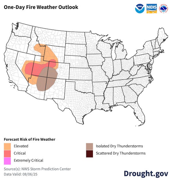 Critical fire weather conditions are forecast in south-central Wyoming, northwest Colorado, much of Utah, and east-central Nevada tomorrow. Elevated risk is also predicted for these states in areas surrounding critical fire risk, along with a sliver of southern Montana and northeast Arizona. Isolated dry thunderstorms are predicted in the Four Corners region.  