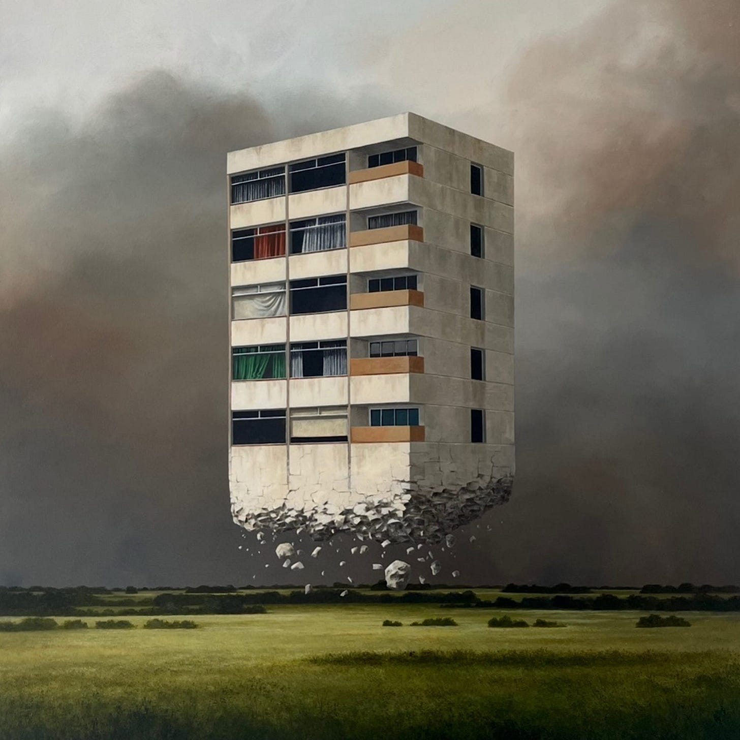 a painting by Lee Madgwick of a modernist apartment building floating over a green lawn, crumbling underneath, under a gray sky