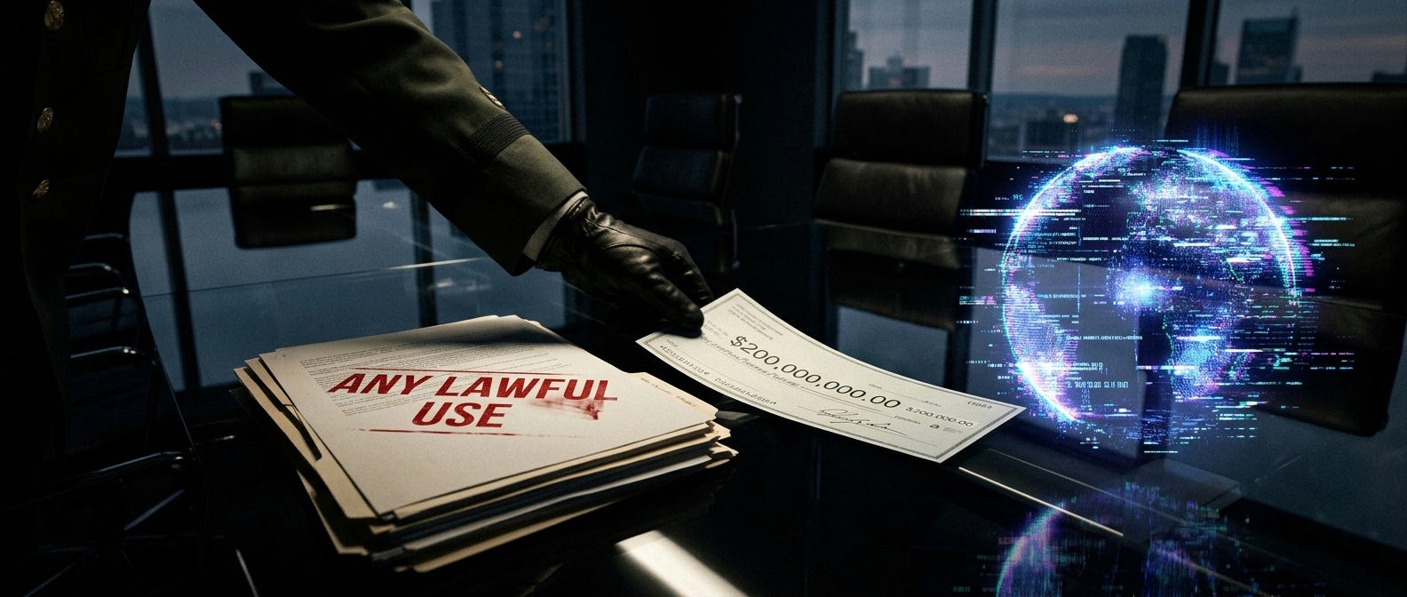 A dark boardroom with a gloved military hand sliding a two hundred million dollar check across a black table. A file folder sits next to the check with the words ANY LAWFUL USE printed in red ink. A glowing blue digital AI orb glitches in the background against a dark city skyline. High contrast lighting with a cold forensic atmosphere.