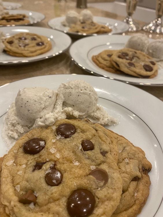 This may contain: cookies and ice cream are arranged on plates