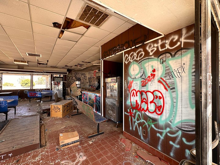 A gutted out Fosters Freeze restaurant on I 5 in Fresno Country
