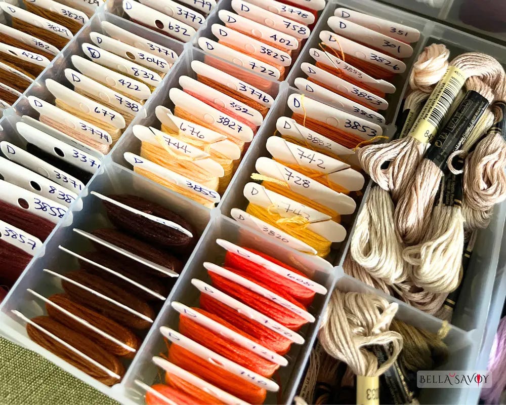embroidery supplies including embroidery thread on cards inside a plastic organizer