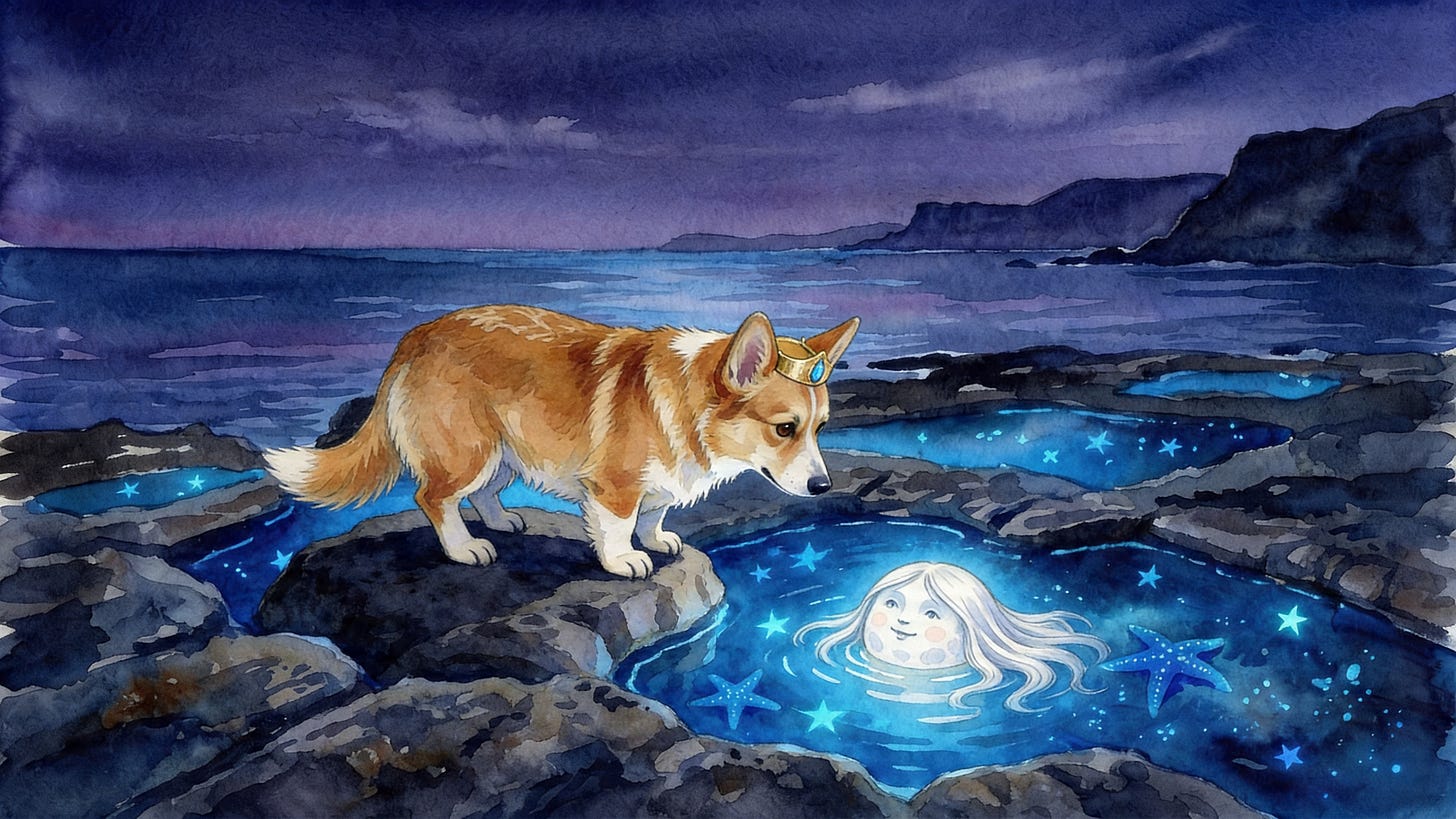 The missing moon hides glowing inside a hidden cove on the Spanish coast — Prince Freddie sleep story illustration.