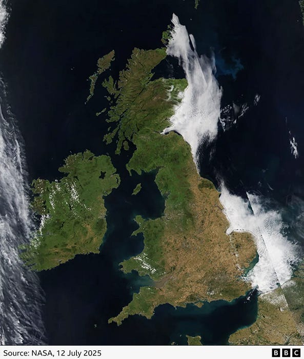 Satellite photo of the UK and Ireland in which England's drought has turned most of the southern part of the land brown, in contrast to the green of the northern parts of the island and of Ireland. Northern France, also visible, is similarly parched. Satellite photo of the UK and Ireland in which England's drought has turned most of the southern part of the land brown, in contrast to the green of the northern parts of the island and of Ireland. Northern France, also visible, is similarly parched.