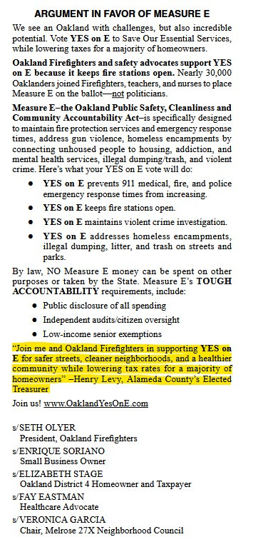 Alameda County Treasurer Henry “Hank” Levy’s campaign statement in the Argument in Favor of Measure E, published in the official Alameda County Voter Information Guide. Levy later admitted that he did not know whether his statement that Measure E would ‘lower taxes for most homeowners’ was true. (Image source: Alameda County)