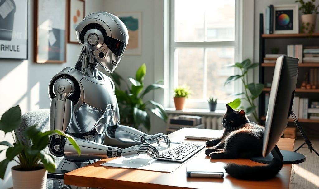 modern, sleek humanoid robot with metallic skin working at a home office (as a website designer) while a black cat naps on the desk next to the keyboard, sunlight streaming in through a window, and monsterra and pothos plants and bookshelves around the desk modern, sleek humanoid robot with metallic skin working at a home office (as a website designer) while a black cat naps on the desk next to the keyboard, sunlight streaming in through a window, and monsterra and pothos plants and bookshelves around the desk