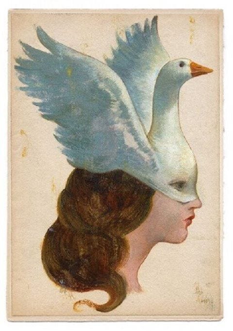 This may contain: a painting of a woman's head with a bird on her head and wings