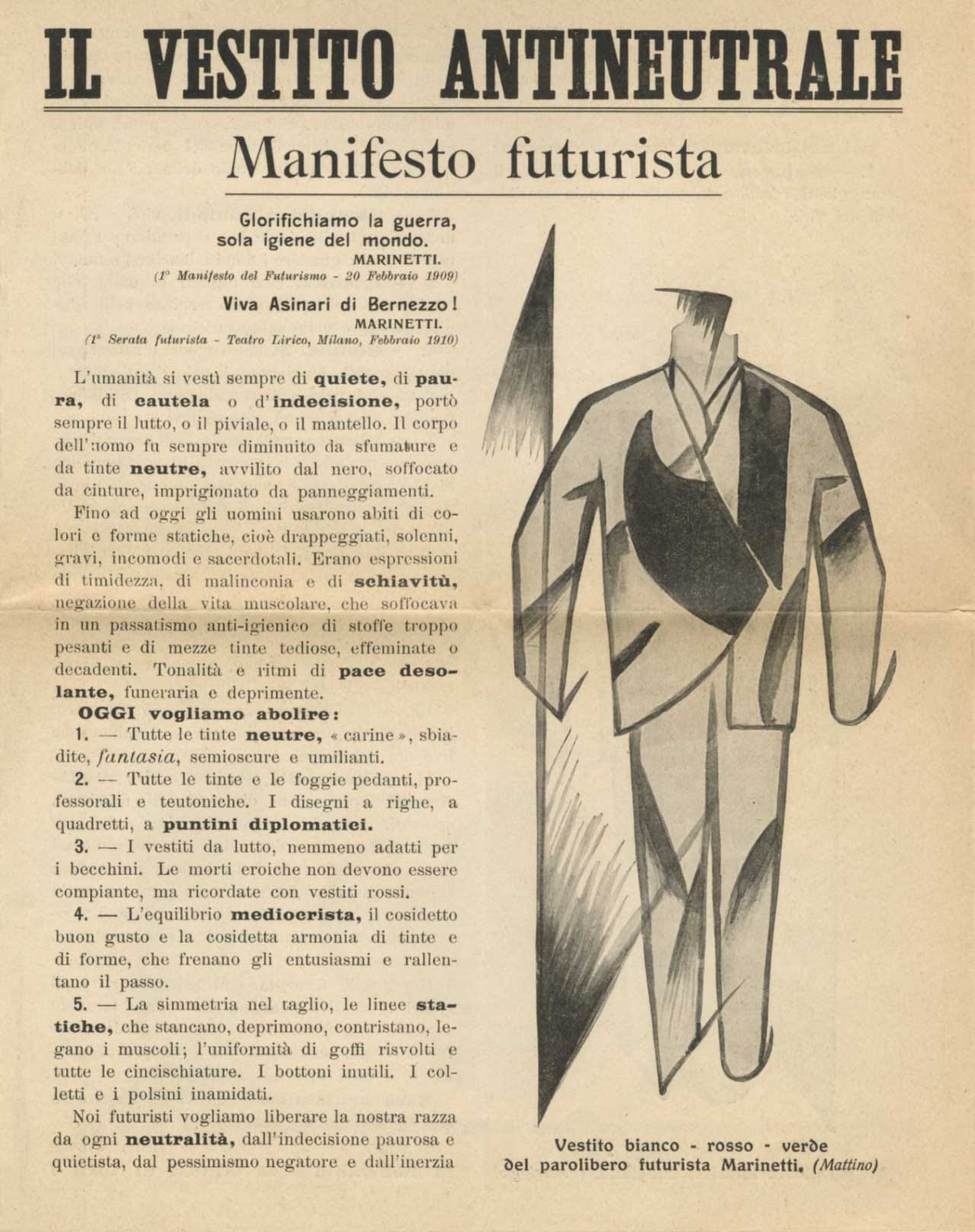 The image is a page from Giacomo Balla's Il Vestito Antineutrale, a Futurist manifesto from 1914. The title "IL VESTITO ANTINEUTRALE" is bold and prominent at the top, with "Manifesto futurista" in a serif font beneath it. On the right, there is a stylized illustration of a suit with geometric shapes in bold, contrasting colors, embodying the Futurist aesthetic.