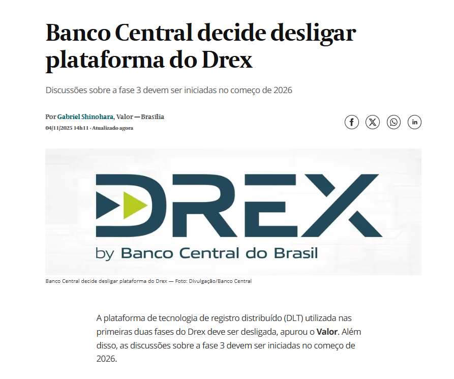 Newspaper article headline in Portuguese states Banco Central decide desliar plataforma do Drex with subtext Discussoes sobre fase tres dem ser nao como de 2026 by author Por Gabi Thedim Sao Paulo dated 10/12/2024 includes byline from Folha de S.Paulo and social media icons below the bold green Drex logo featuring the text DREX designed by Banco Central do Brasil and description Plataforma Drex Real Time Gross Settlement RTGS utilizada nas distribuicoes Primeira fase de Drex de registro distribuicao apenas valor nominal.