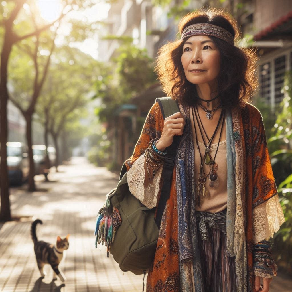 A middle aged boho/hippy asian woman looking for a lost cat