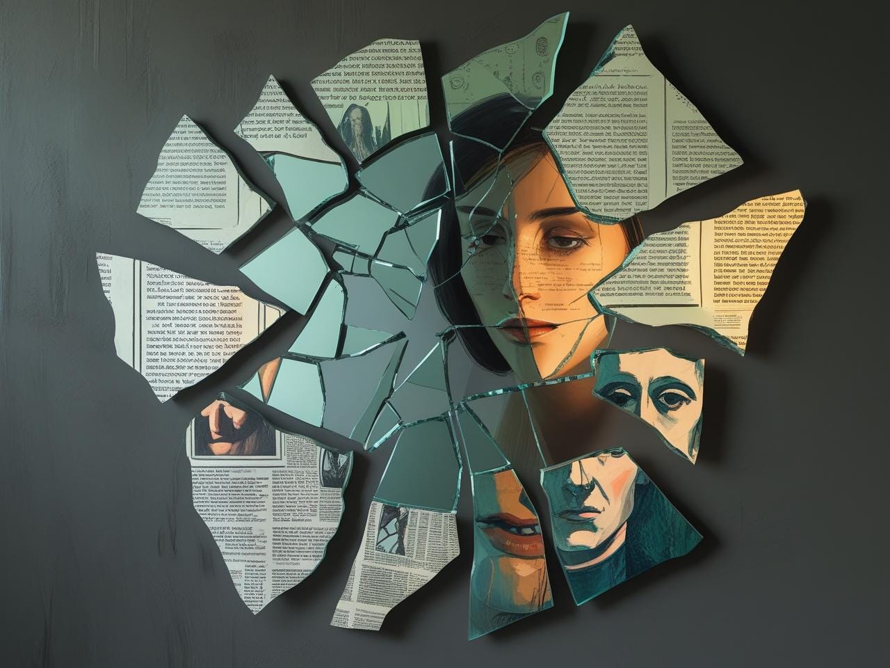 A fractured mirror with different images, and text in different languages A fractured mirror with different images, and text in different languages