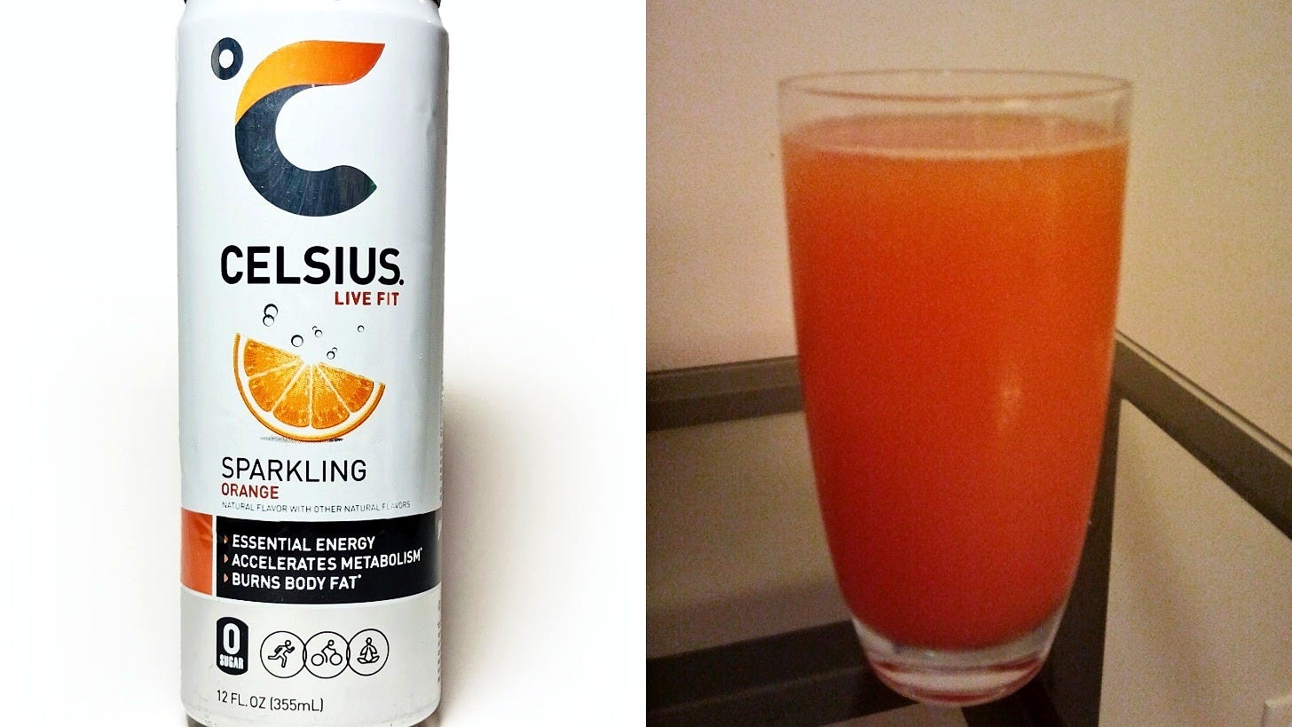 A Celsius can in another flavor, left, and a classic Shirley Temple. Images: Hstoops and Tybodger via Wikimedia Commons