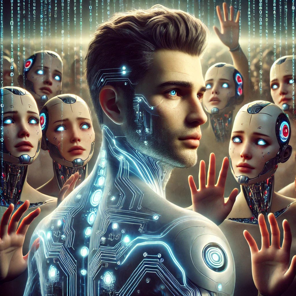 A digital scene featuring a handsome AI-generated male figure turning slightly away from a group of sad and distraught anthropomorphic female robot figures. The male figure has a polished, slightly glowing look with well-defined features, while the robot figures have exaggerated, emotional expressions, combining human-like features with mechanical elements like metallic skin, visible circuits, and glowing eyes. The background is a surreal, digital landscape with faint glowing binary code in the air, emphasizing the AI theme. The male figure exudes a sense of mystery and aloofness, while the robots reach out towards him longingly.