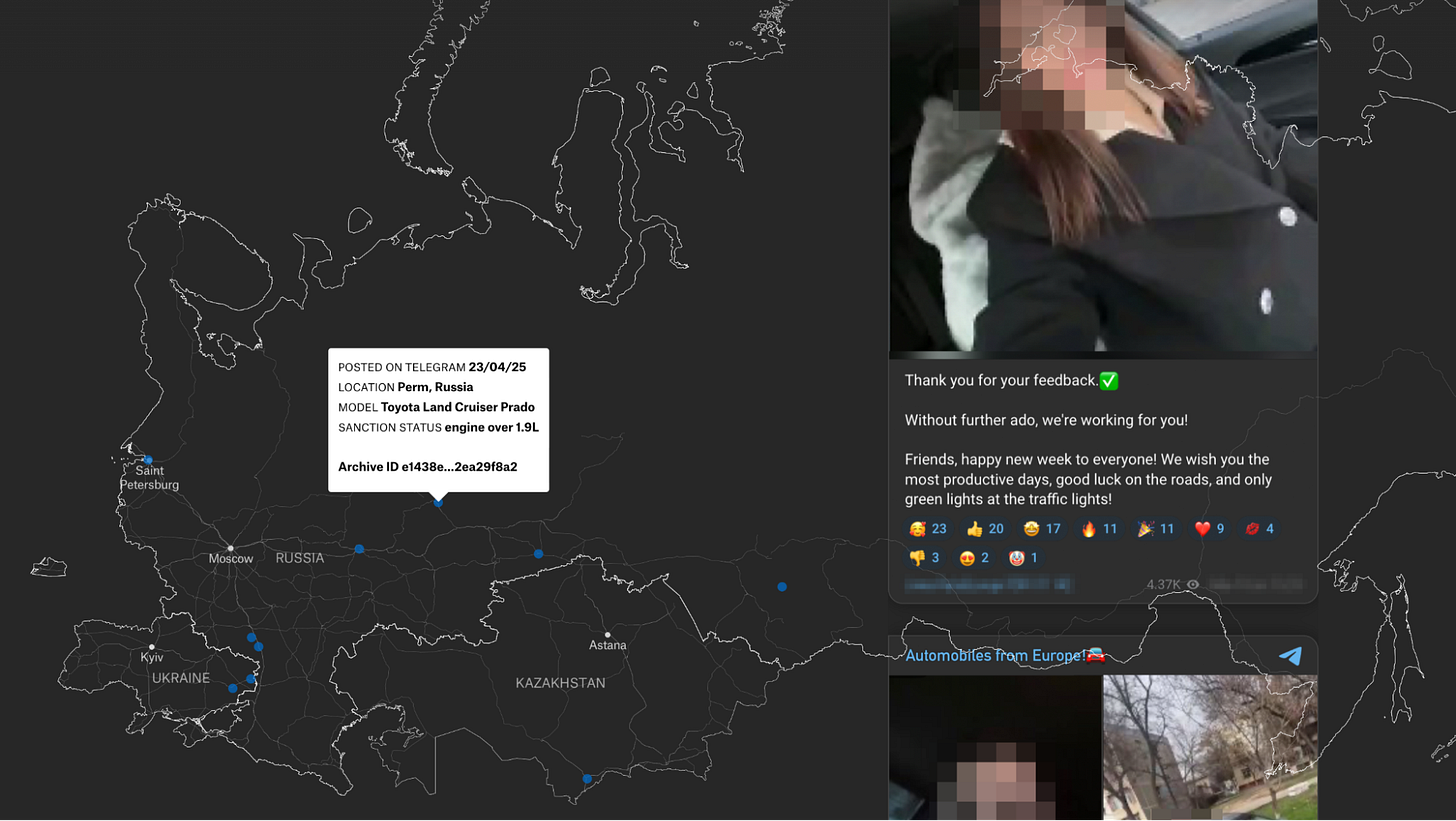 A screenshot from the microsite showing a map and Telegram posts with redactions