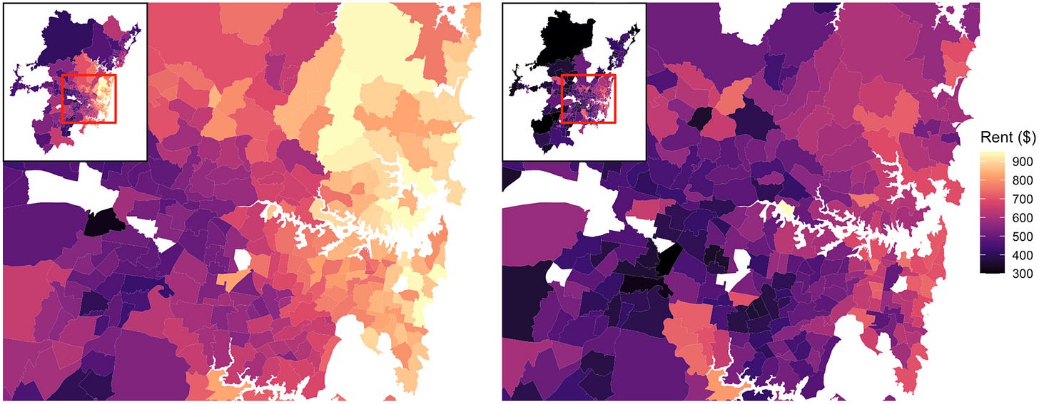 Map showing house (left) and unit (right) median rent prices at Statistical Area 2 resolution.
