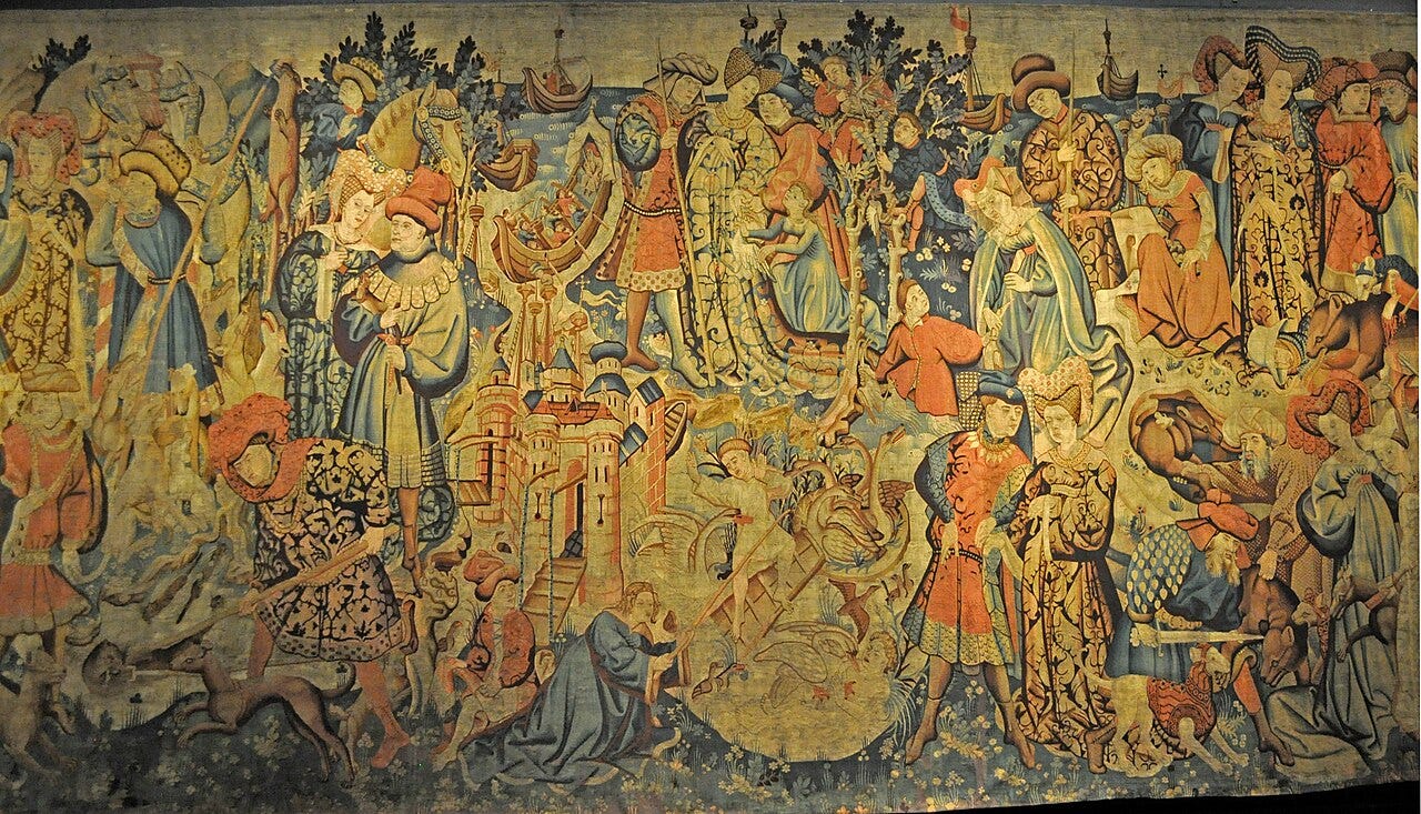 Medieval hunting tapestry, otter and swan hunt Medieval hunting tapestry, otter and swan hunt