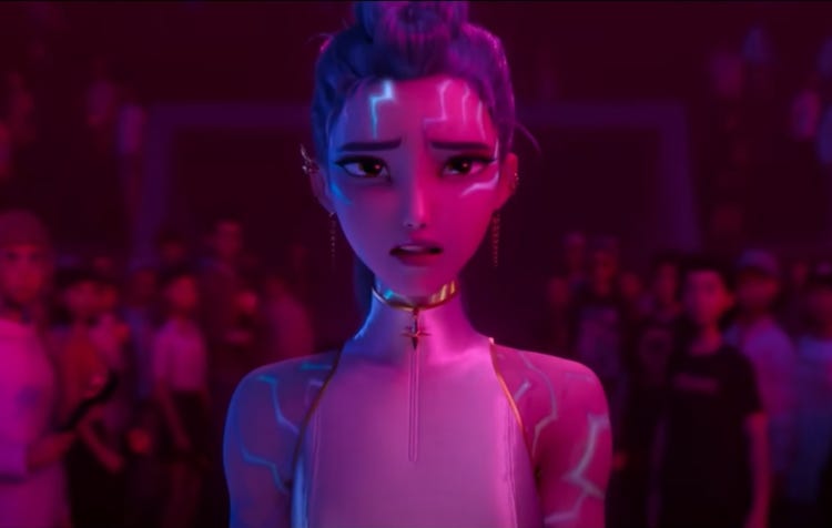 Still from Kpop Demon Hunters: Rumi, looking vulnerable and covered in glowing demonic "patterns," appears before the crowd