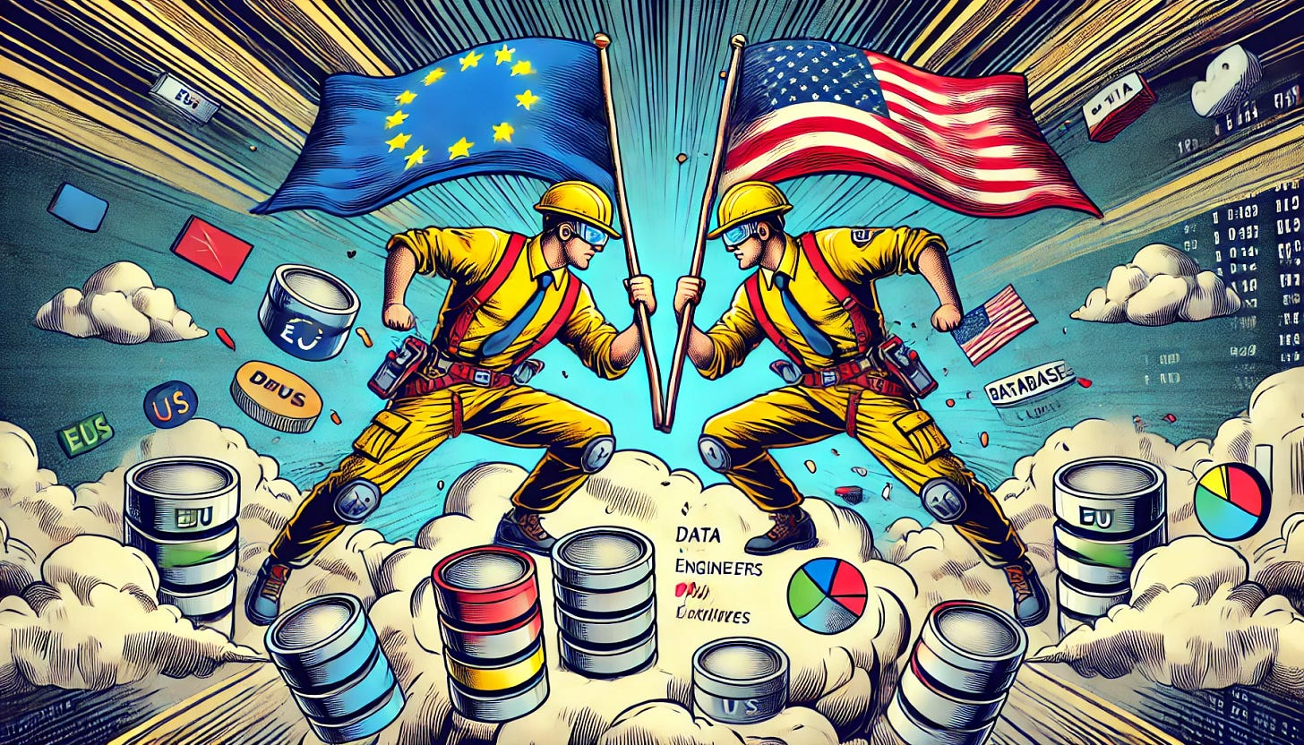 A comic book-style illustration of two data engineers wearing yellow safety helmets, battling on top of a cloud using flags as weapons. One engineer holds the EU flag, and the other holds the US flag. They clash dynamically, with dramatic motion lines emphasizing the action. Around them, databases, charts, and data-related elements fly chaotically. The art style features bold dark outlines, flat vibrant colors, and exaggerated expressions. The background consists of a stormy digital sky, reinforcing the data-centric theme.