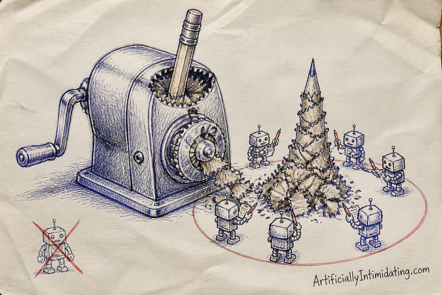 A pencil sharpens itself in a hand-cranked sharpener while tiny robots grade the shavings with red pens and the pile grows into a taller pencil.