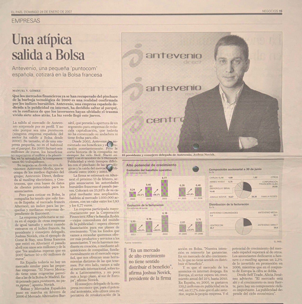 Joshua Novick, Diario El Pais, salida a bolsa de Antevenio en 2007. Primera empresa española en salir a un mercado altenativo bursatíl, primera empresa españoña de internet que sale a bolsa después de la crisis puntocom, primera empresa española que sale a bolsa en el extranjero sin estar cotizada previamente en España Joshua Novick, Diario El Pais, salida a bolsa de Antevenio en 2007. Primera empresa española en salir a un mercado altenativo bursatíl, primera empresa españoña de internet que sale a bolsa después de la crisis puntocom, primera empresa española que sale a bolsa en el extranjero sin estar cotizada previamente en España