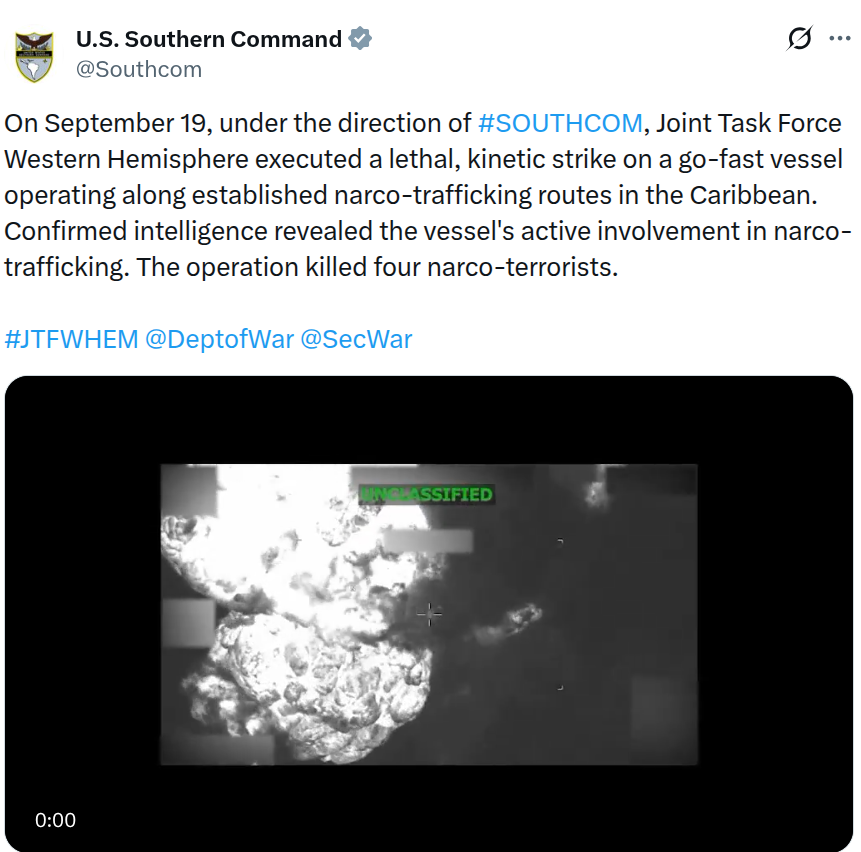 Four people were killed in this US military attack on a suspected drug-smuggling boat in the Caribbean. (US Southern Command image via x.com). Four people were killed in this US military attack on a suspected drug-smuggling boat in the Caribbean. (US Southern Command image via x.com).