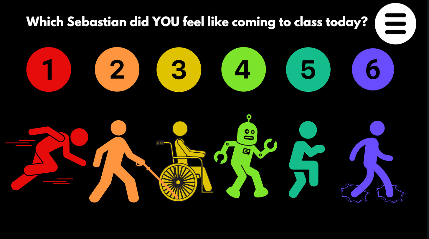 The 6 Sebastians. #1 moves quickly, #2 moves slowly, #3 moves normally, #4 moves like a robot, #5 moves sneakily, and #6 stomps when they walk.