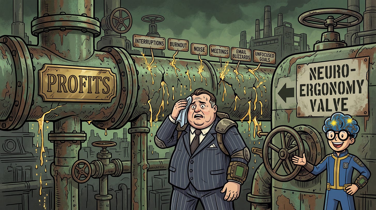 Illustration satirique d'une fuite de profits industriels causée par la surcharge cognitive des employés représentée par une tuyauterie percée.