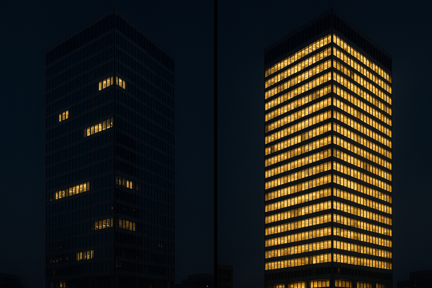 Skyscraper selective lighting vs all lights on - MoE efficiency analogy