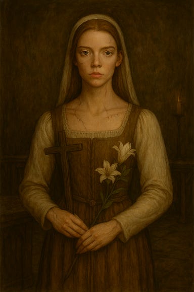 A dark fantasy image of Vasilka, visually reminiscent of Anya Taylor-Joy, standing in the candlelit chapel of the Abbey of St. Markovia. She has an ethereal beauty—pale skin, delicate features, and long platinum-blonde hair cascading over her shoulders. Her eyes are wide and unblinking, with a serene, vacant expression. She wears a flowing white gown with subtle stitching along the arms and neckline that hint at her constructed nature, though her flesh appears smooth and unmarred. Her posture is graceful but unnaturally still, hands folded at her waist. Behind her, the chapel glows with candlelight, casting soft shadows on faded frescoes and cracked stone walls. The atmosphere is reverent, eerie, and quietly tragic.
