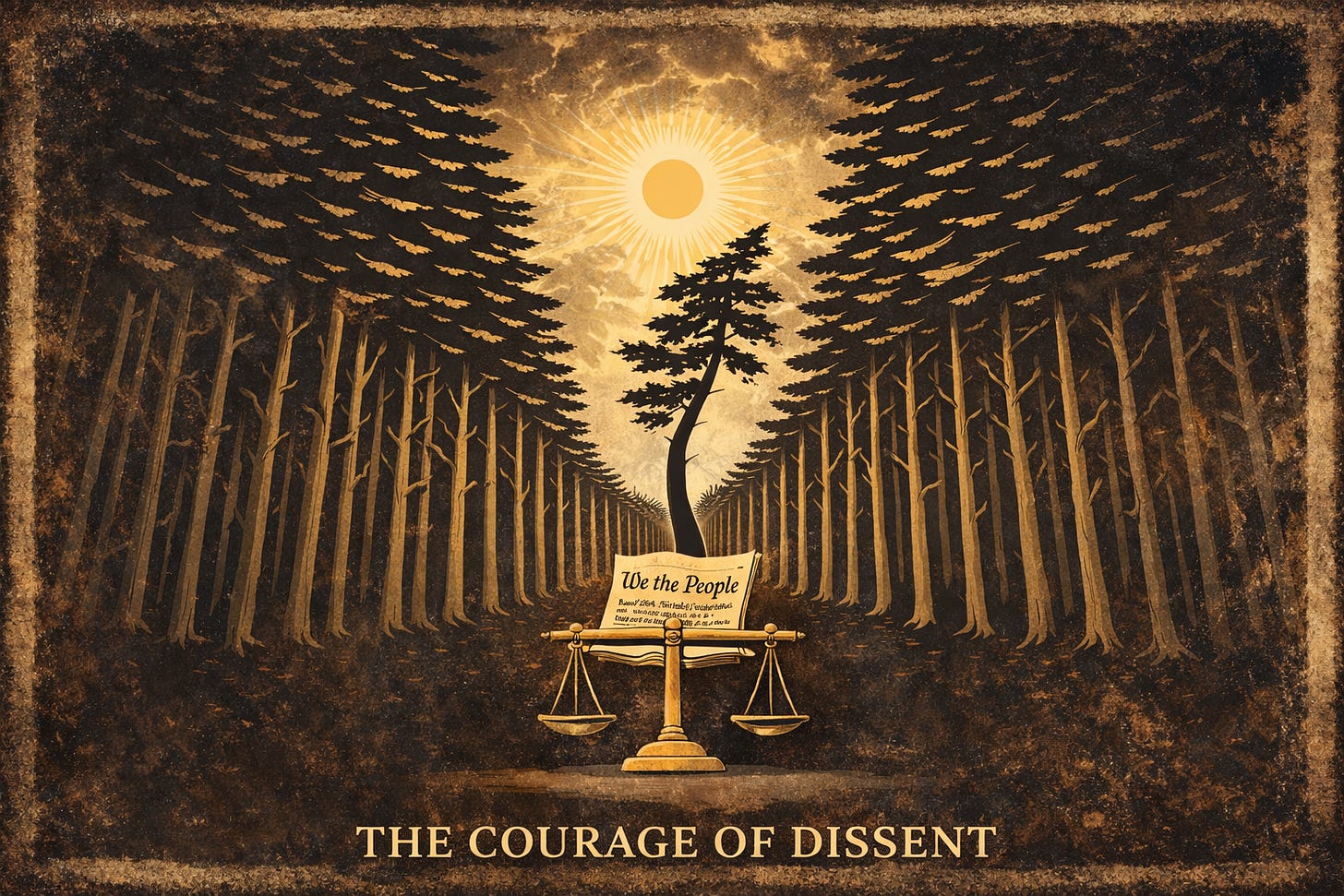 A vintage-style illustration of a dense forest of identical trees forming a rigid path, with one central tree growing in a different direction toward a radiant sun. At the base sits a scroll reading ‘We the People’ resting on scales of justice, symbolizing constitutional principles guiding independent thought. The image represents the courage to dissent and the duty to question power.