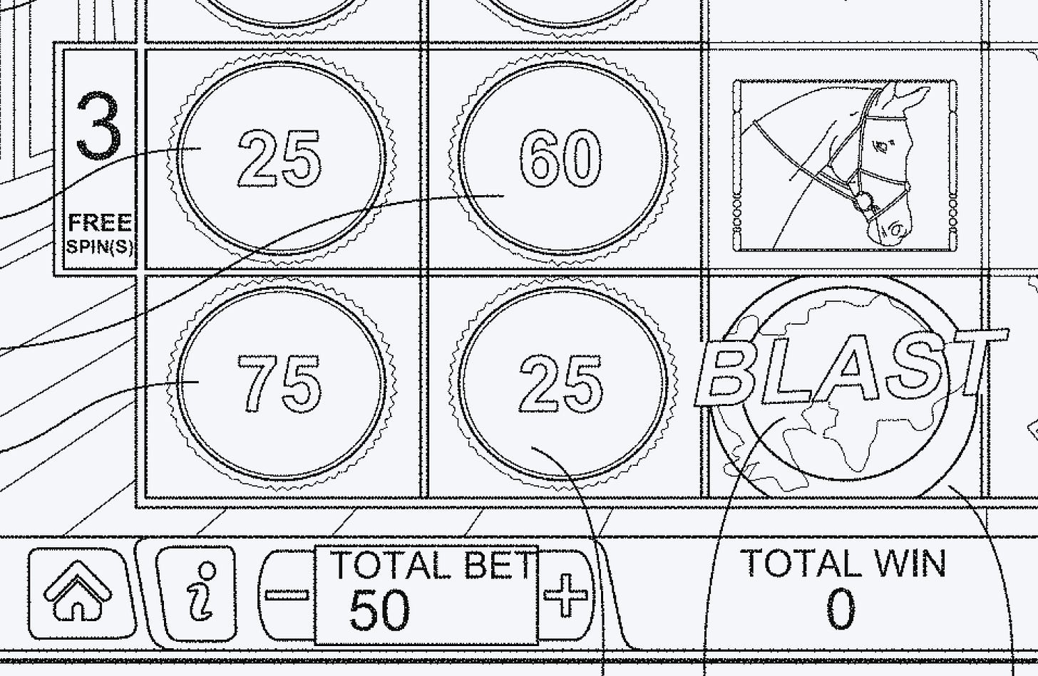 Cropped patent drawing showing slot reels with numbers and a horse's head