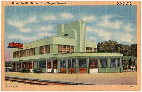 an Electrolux vacuum cleaner, the Club moderne restaurant in Montana, and the Union Pacific Train Station in Las Vegas, Nevada