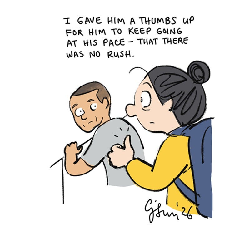 3 of 6. Illustrated panel from a 2-page diary comic about New York City walking etiquette and a brief exchange with a man at a subway station. Titled "City Diary," June 2026, by Connie Sun, published on blog.cartoonconnie.com