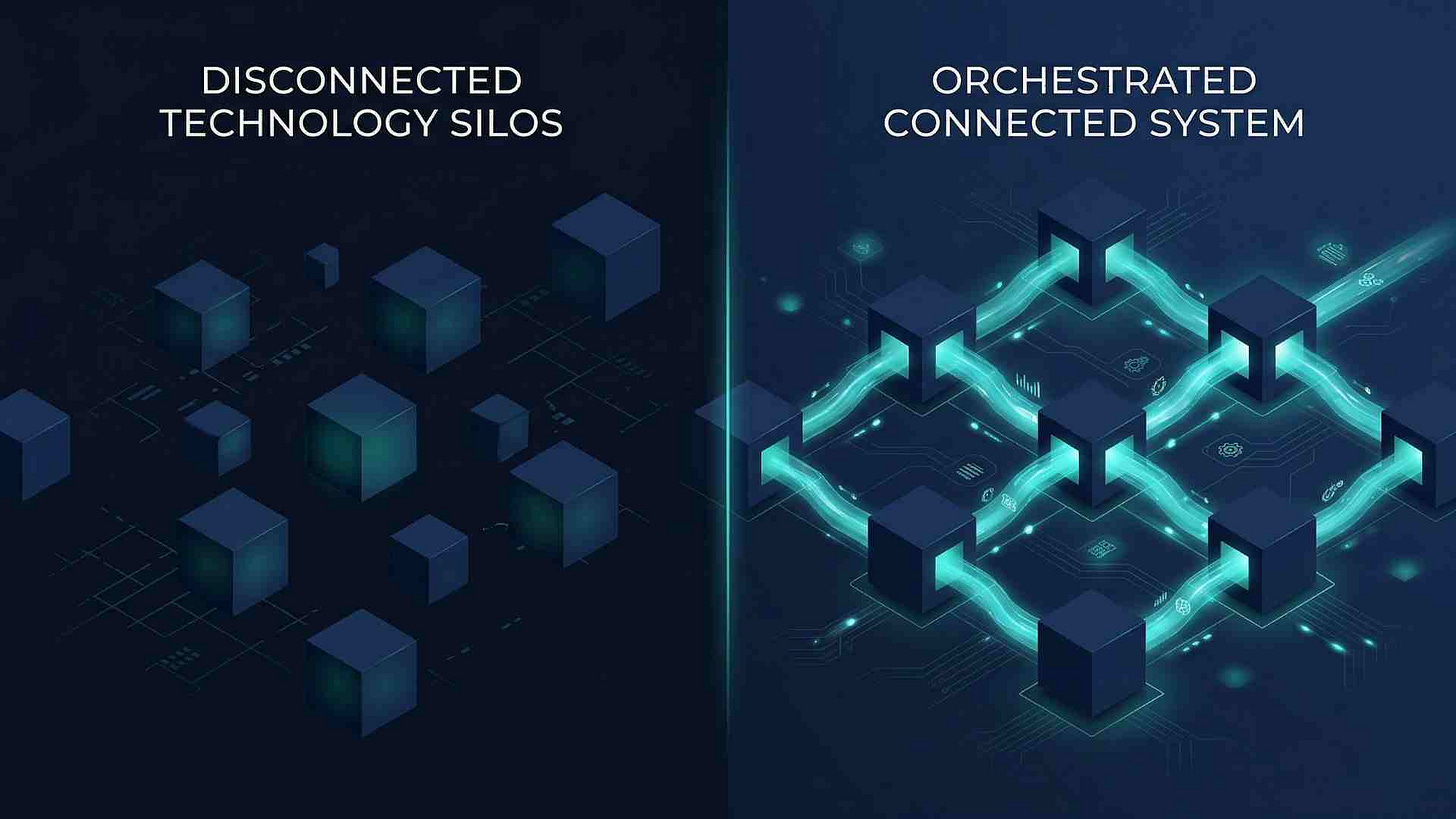 Split comparison of disconnected technology silos versus an orchestrated connected system