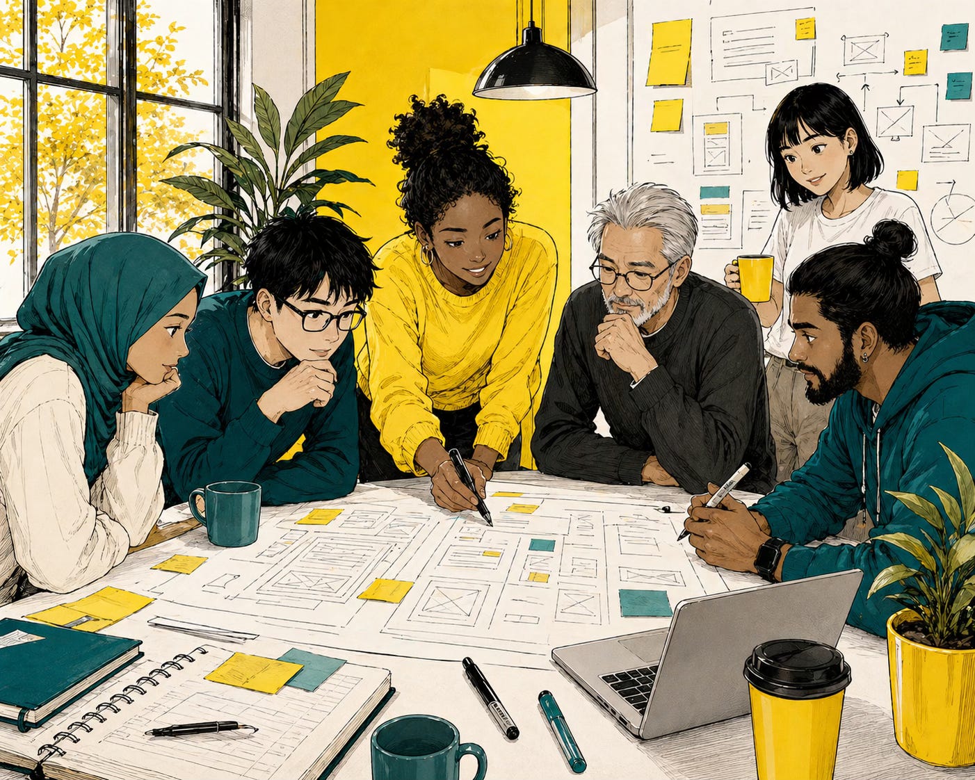 A product team, collaborating around a document