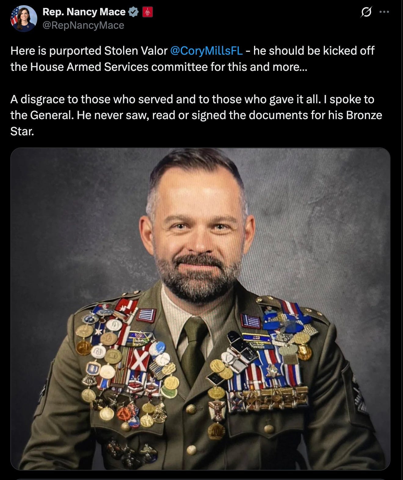 Rep. Nancy Mace: Here is purported Stolen Valor Cory Mills FL - he should be kicked off the House Armed Services Committee for this and more… A disgrace to those who served and gave it all. I spoke to the General. He never saw, read or signed documents for his Bronze Star.