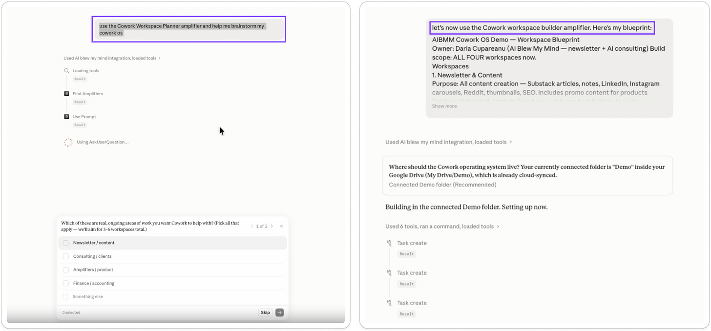 Claude Cowork screenshots showing the Workspace Planner Amplifier mapping business areas and the Workspace Builder Amplifier creating the AI operating system in Google Drive.