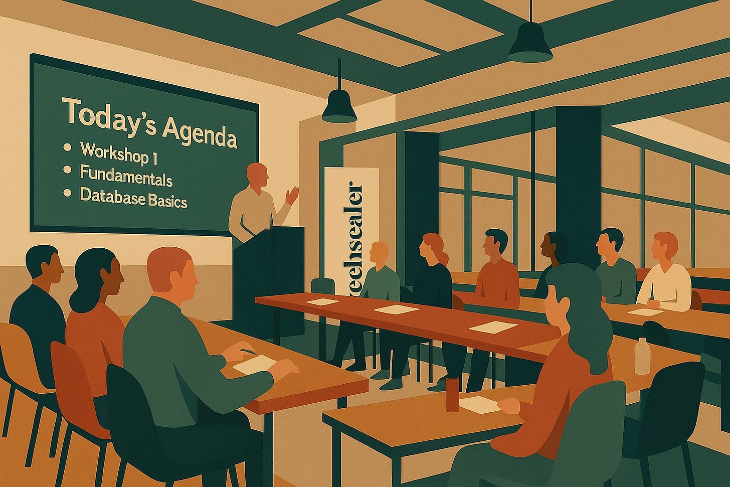 Digital illustration of a workshop setting in a lecture theatre, inspired by Bauhaus and mid-century modern styles. Participants are seated in tiered rows, engaging with a speaker presenting at the front, reflecting the atmosphere of a Borders Tech Connect event.