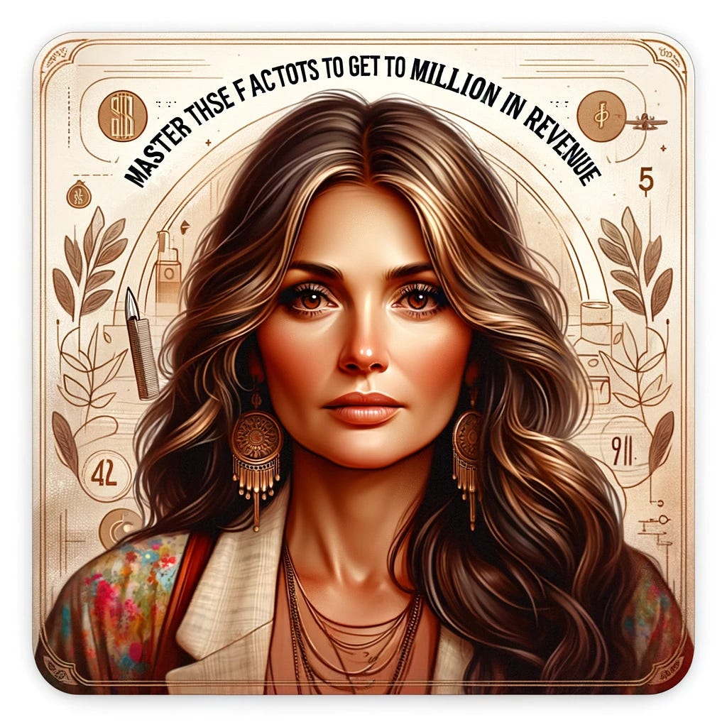 Create a square image featuring a 50-year-old, young-looking woman with long brown hair and brown eyes, styled in a slightly boho chic bourgeoisie fashion. The image should convey a sense of professionalism and success. Include the text 'Master These 5 Factors to Get to a Million in Revenue' prominently in the design. The background should be elegant and business-oriented, possibly including abstract elements symbolizing growth, success, and financial achievement.