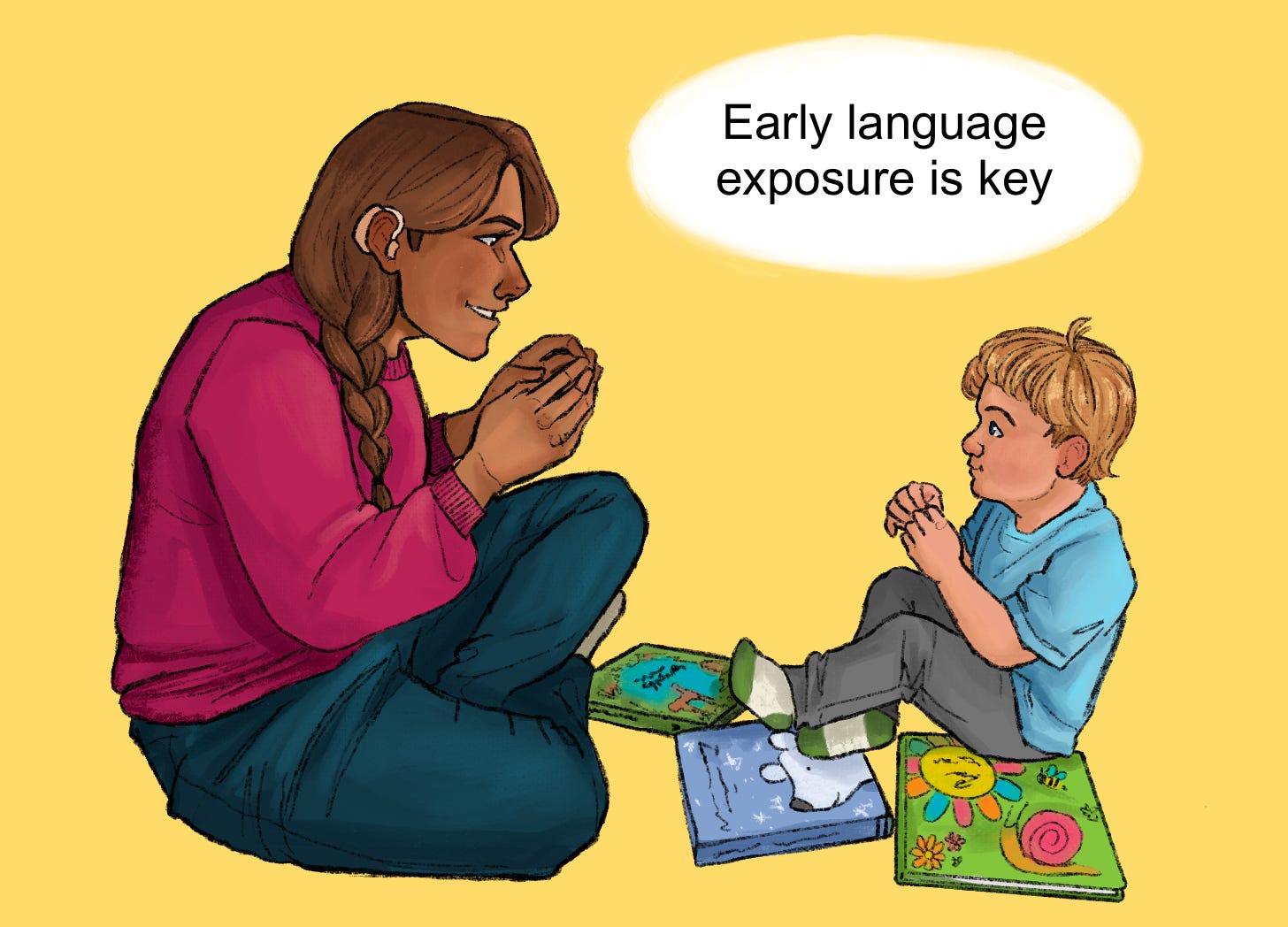 An adult sits on the ground across from a child, with books in between them. The adult is practicing American Sign Language with the child. Text above their heads reads: Early language exposure is key. 