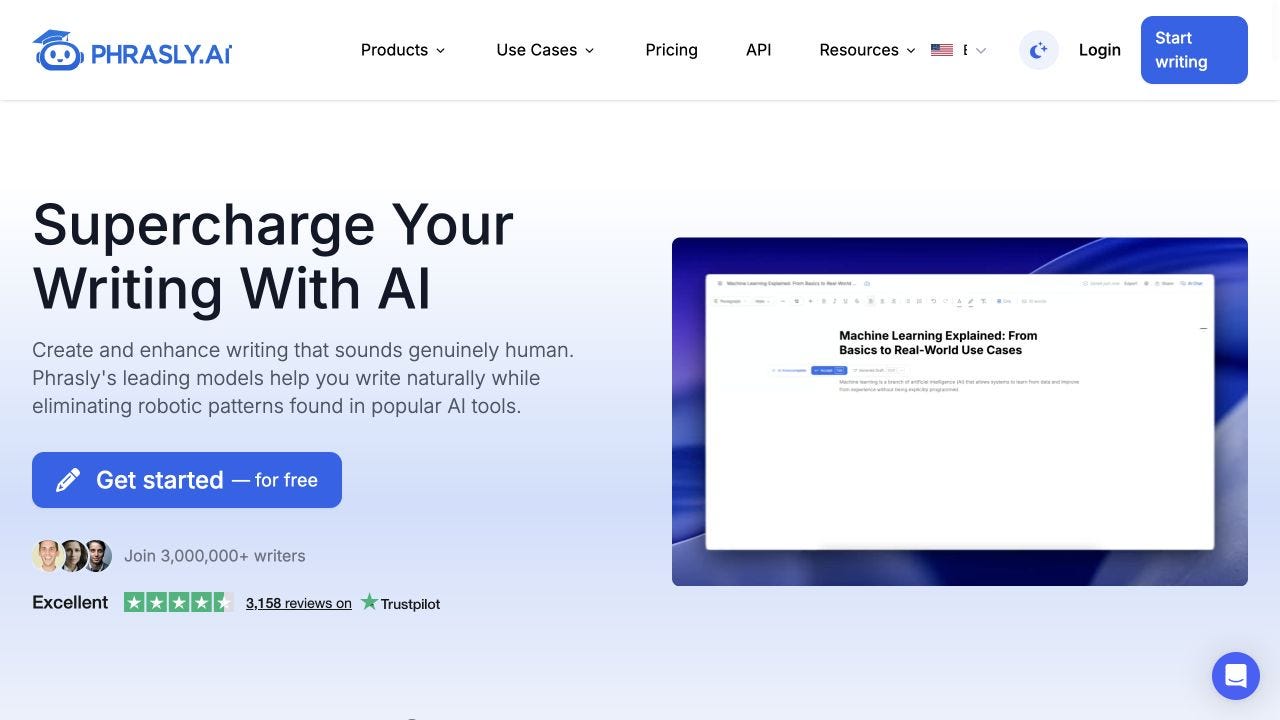 Phrasly landing page presenting its AI humanizer