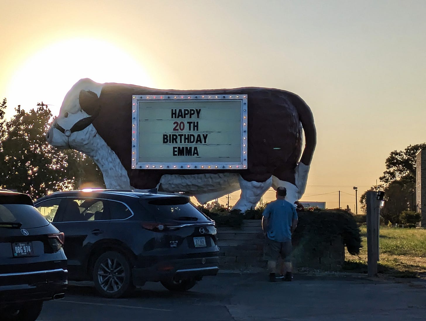 Photo of a giant steer statue outside of The Big Steer. The sun is setting in the background, a guy stands in front of the statue like he's contemplating it, and the steer has a sign on the side of it that reads "Happy 20th birthday Emma!" The sign is surrounded by lights.
