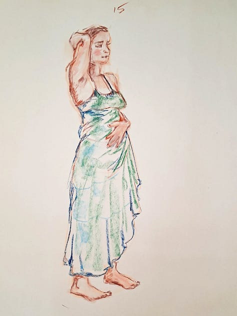 Various chalk drawing of a woman in a sundress