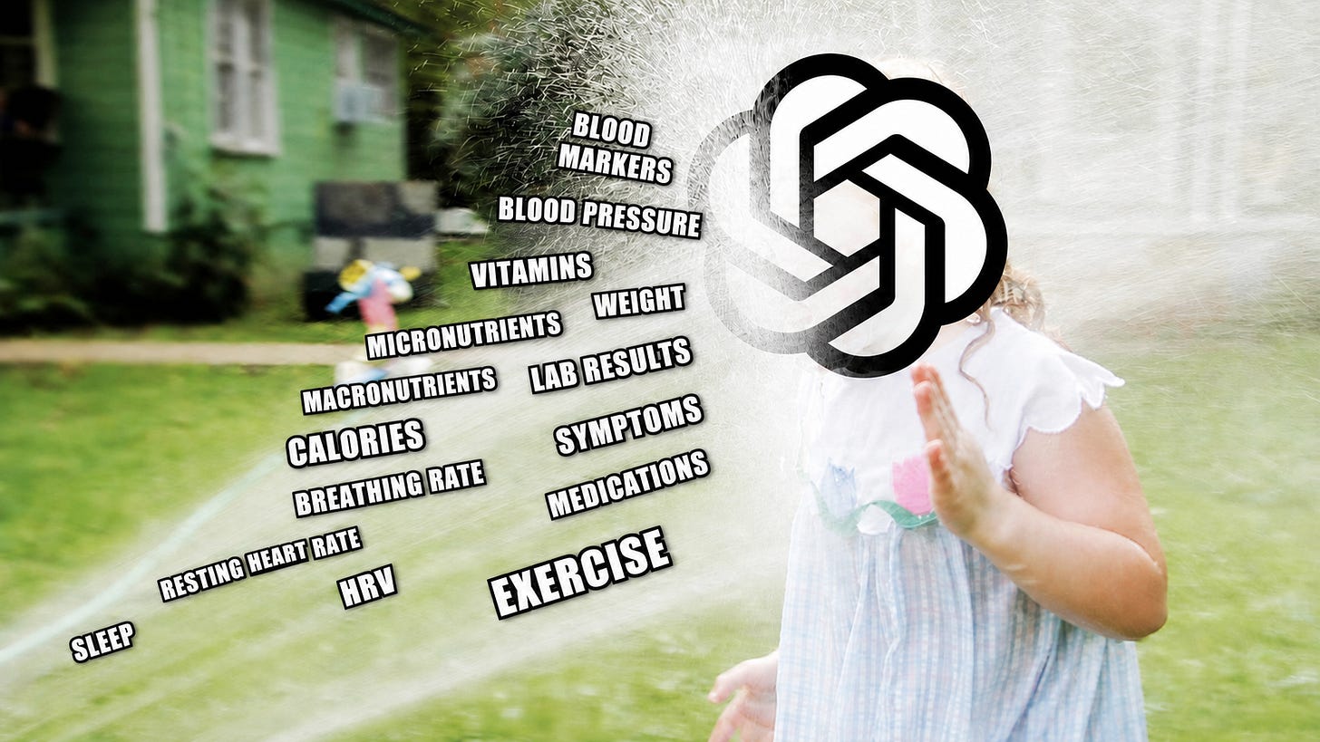 Health metrics flowing toward an OpenAI logo like water from a fire hose