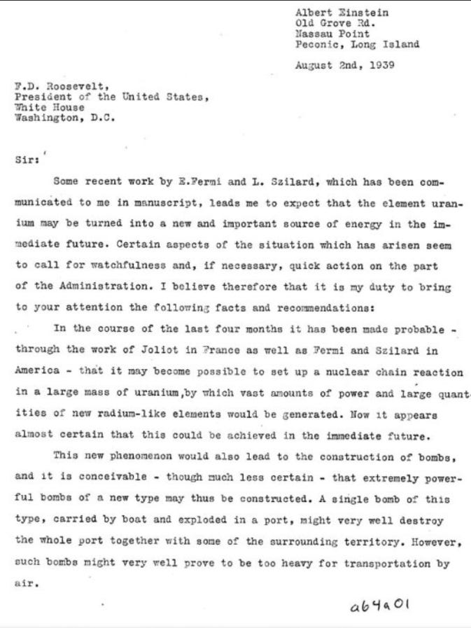 Page 1 of Einstein's Famous Letter to President Franklin D. Roosevelt