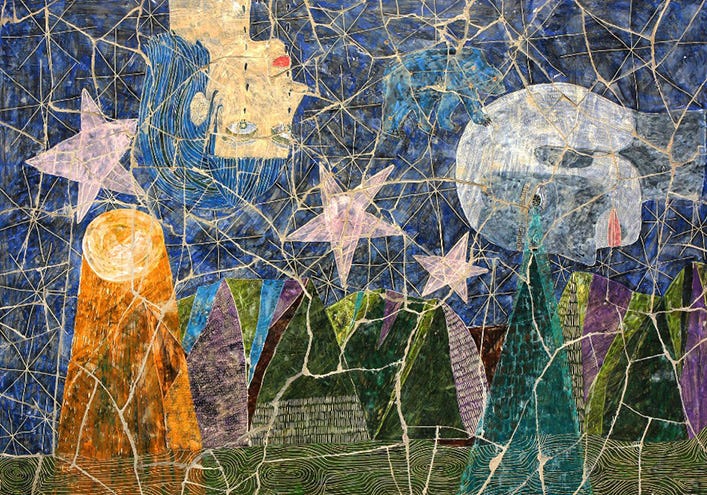 Susan Day (Dreaming Of) Orsa Maggiore over the Rapido river on a full moon in August, 2026 Glazed stoneware on panel 33 1/2 x 45 in. - Michael Gibson Gallery Susan Day (Dreaming Of) Orsa Maggiore over the Rapido river on a full moon in August, 2026 Glazed stoneware on panel 33 1/2 x 45 in. - Michael Gibson Gallery