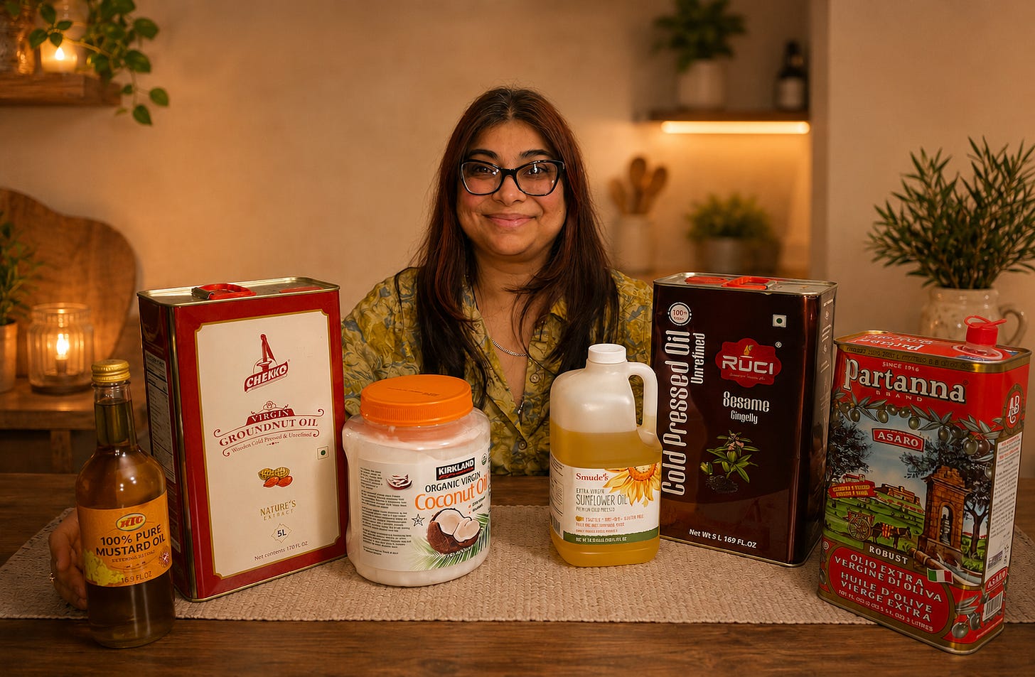 Chef Daljeet seated behind a warm kitchen table displaying a variety of cooking oils, including mustard oil, groundnut oil, coconut oil, sunflower oil, sesame oil, and olive oil, arranged as a visual companion to an essay on Indian cooking fats and their regional, cultural, and culinary significance.