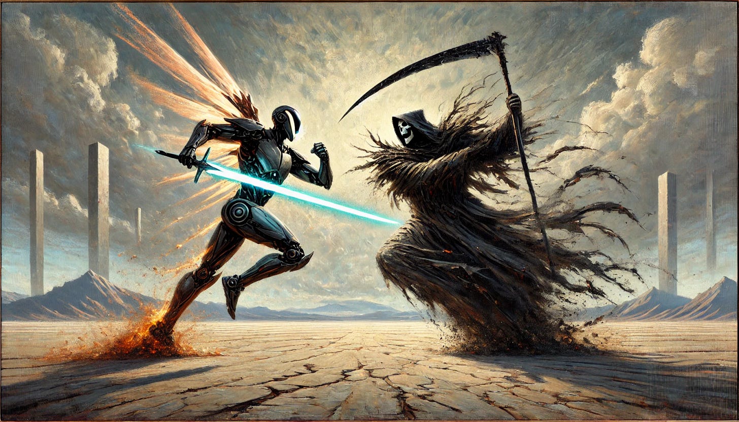 A dramatic widescreen painting of a battle between two symbolic characters in a vast desert landscape, inspired by the style of the cover art for 'The Stand' by Stephen King. On one side, a figure representing progress and techno-optimism, depicted in sleek futuristic armor with glowing accents, wields a glowing high-tech sword. Opposing them is a dark, chaotic figure representing resistance to progress, wearing tattered medieval-style robes and holding a jagged scythe. The two clash in mid-action, their weapons sparking as they collide. The background shows a stark, barren desert under a pale, cloudy sky. The style is textured and painterly, evoking a sense of epic confrontation.
